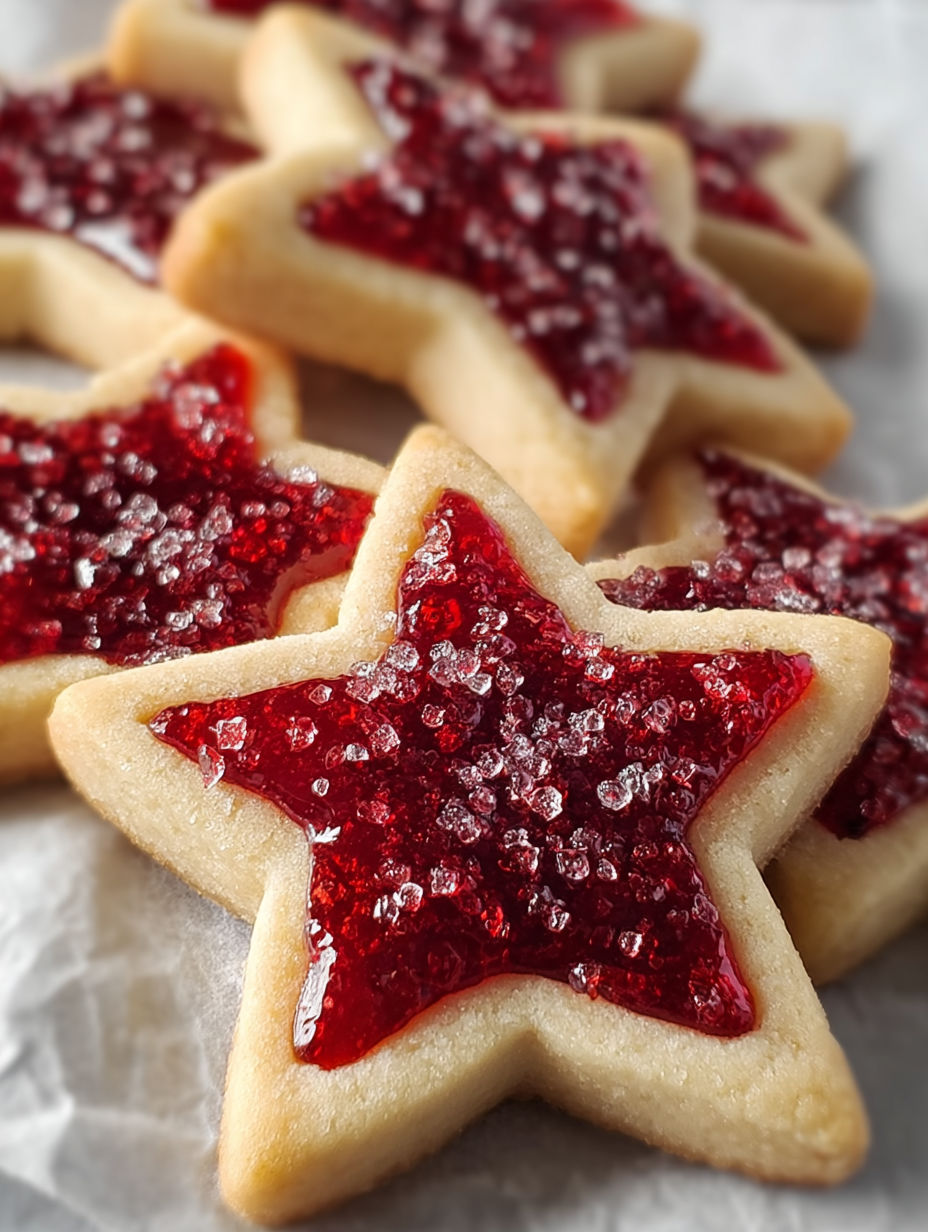 A close up of a sugar plum shortbread cookie.
