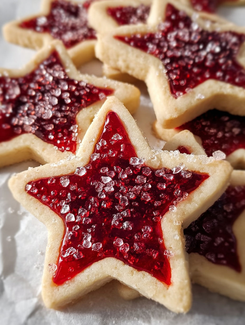 A close up of a sugar plum shortbread cookie.