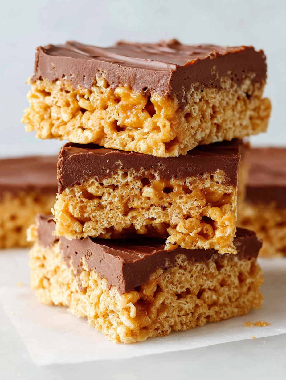 Three pieces of chocolate covered scotcharoos.