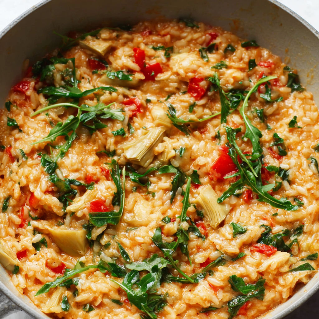 A bowl of rice with vegetables and pesto.