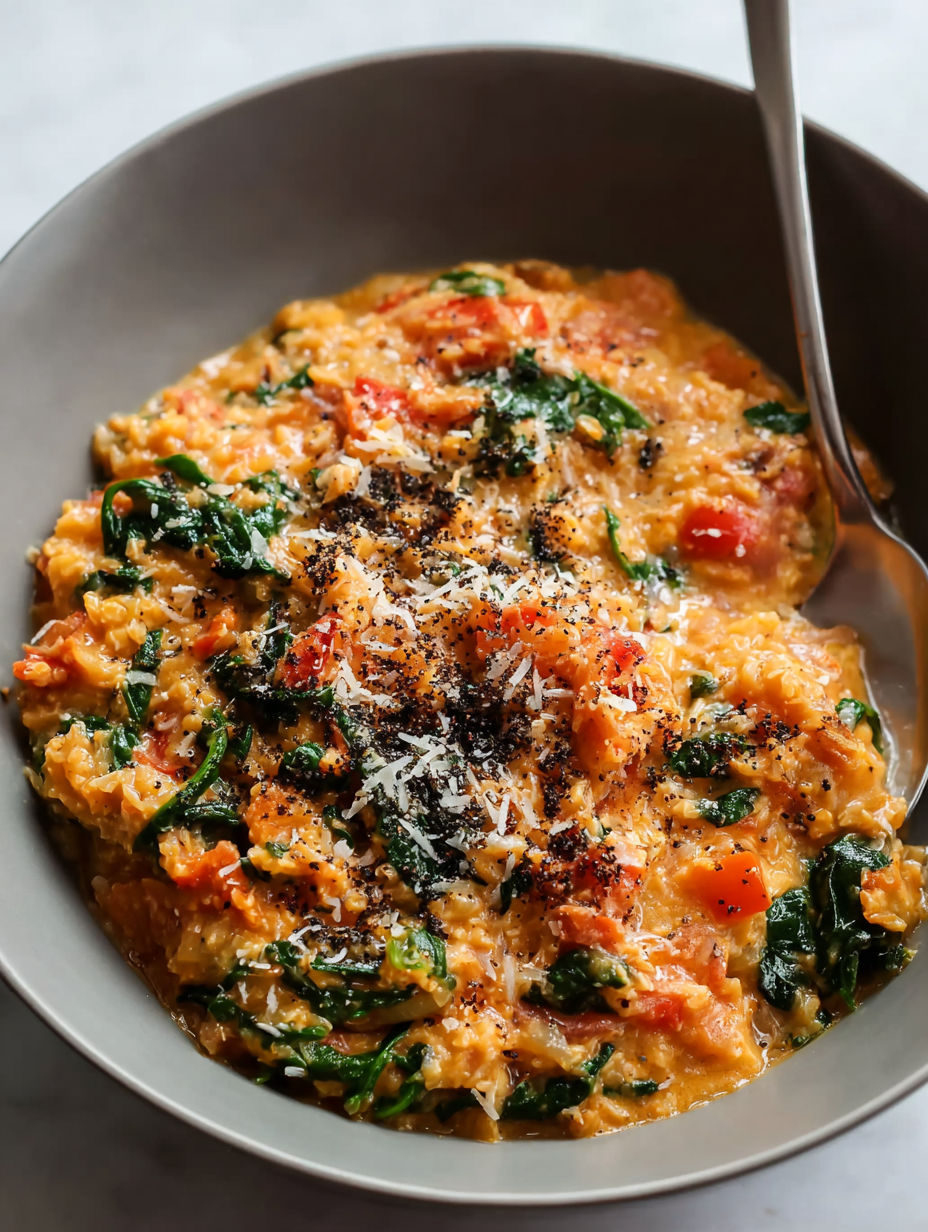 A bowl of food with a spoon in it.