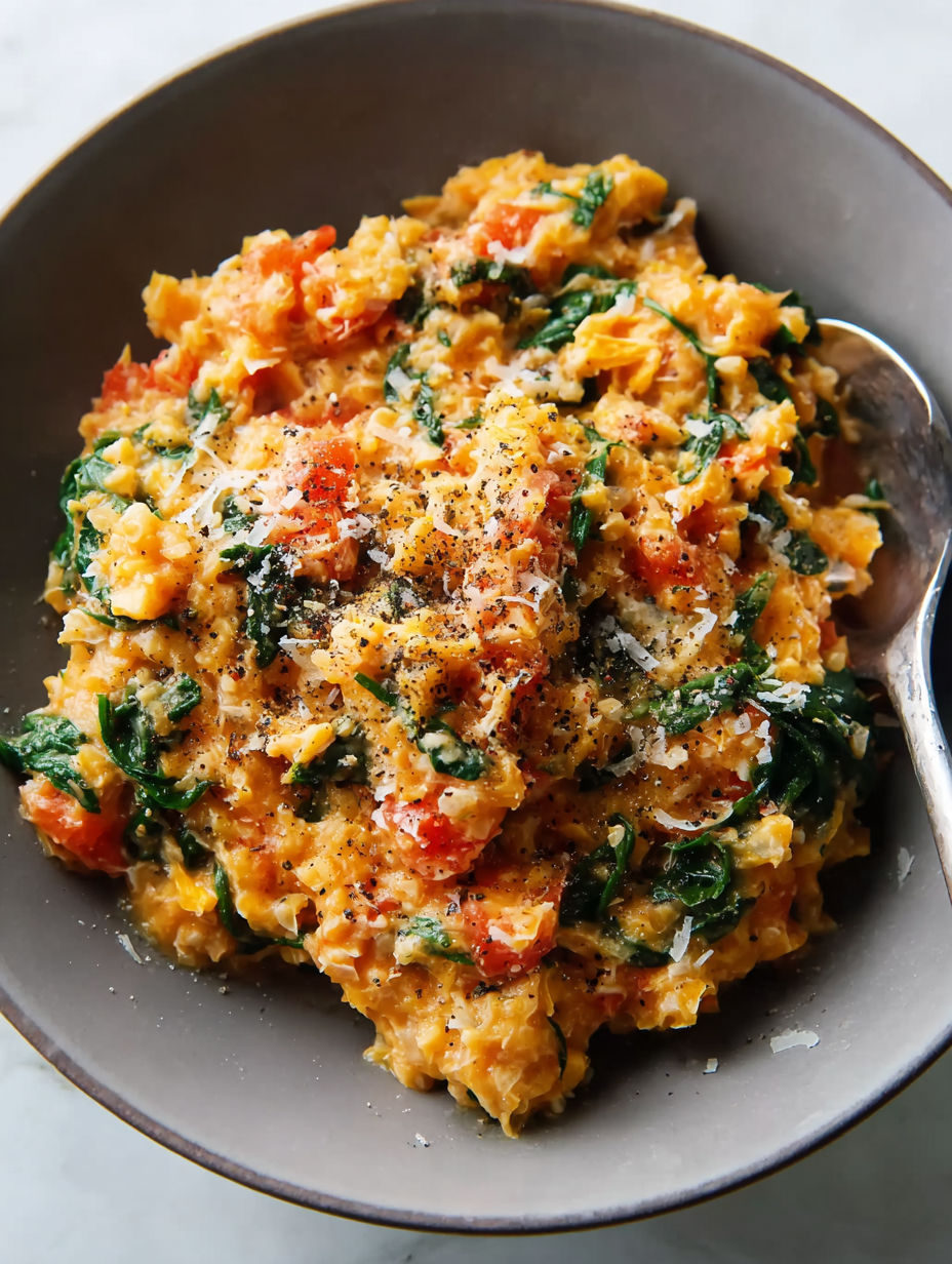 A bowl of food with a spoon in it.