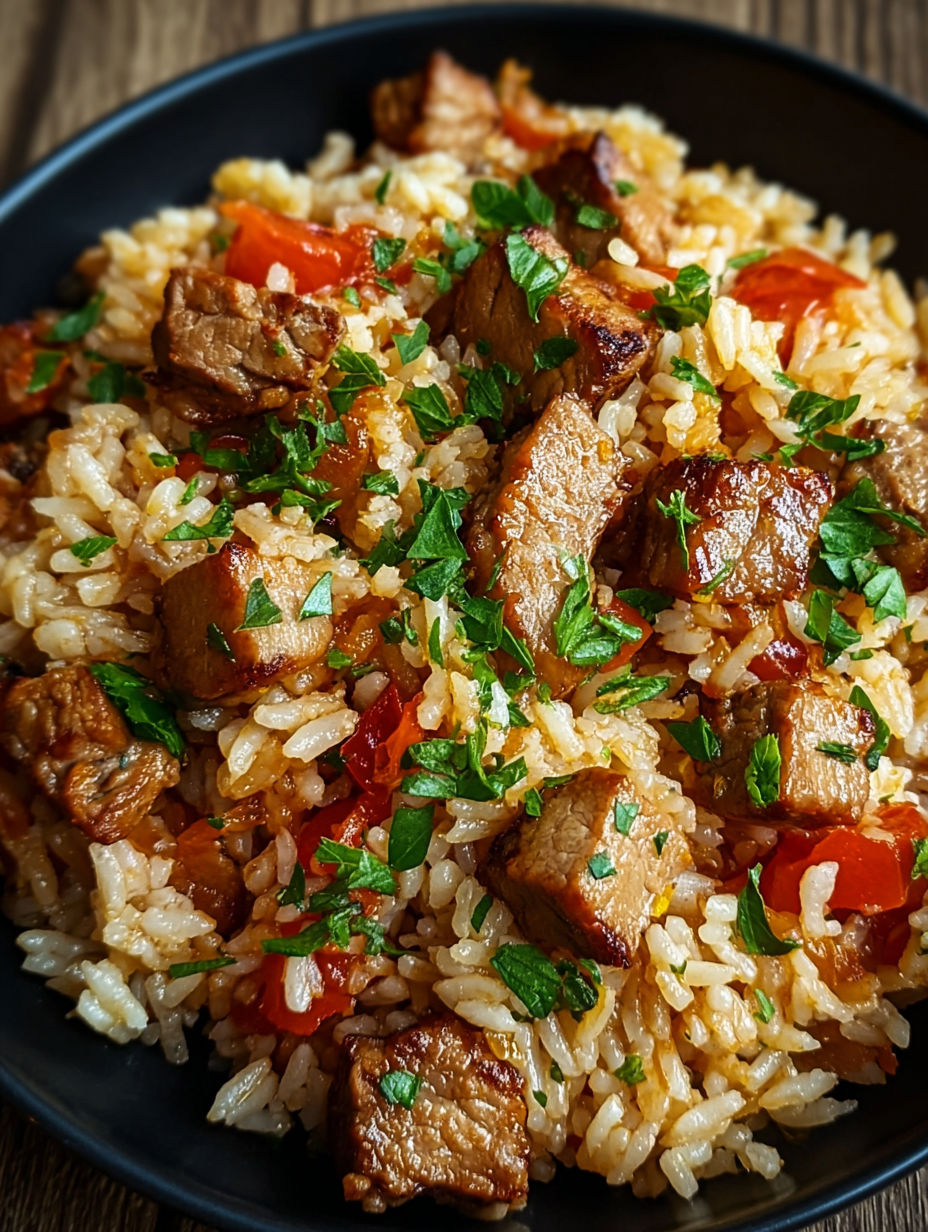 A bowl of rice with meat and vegetables.