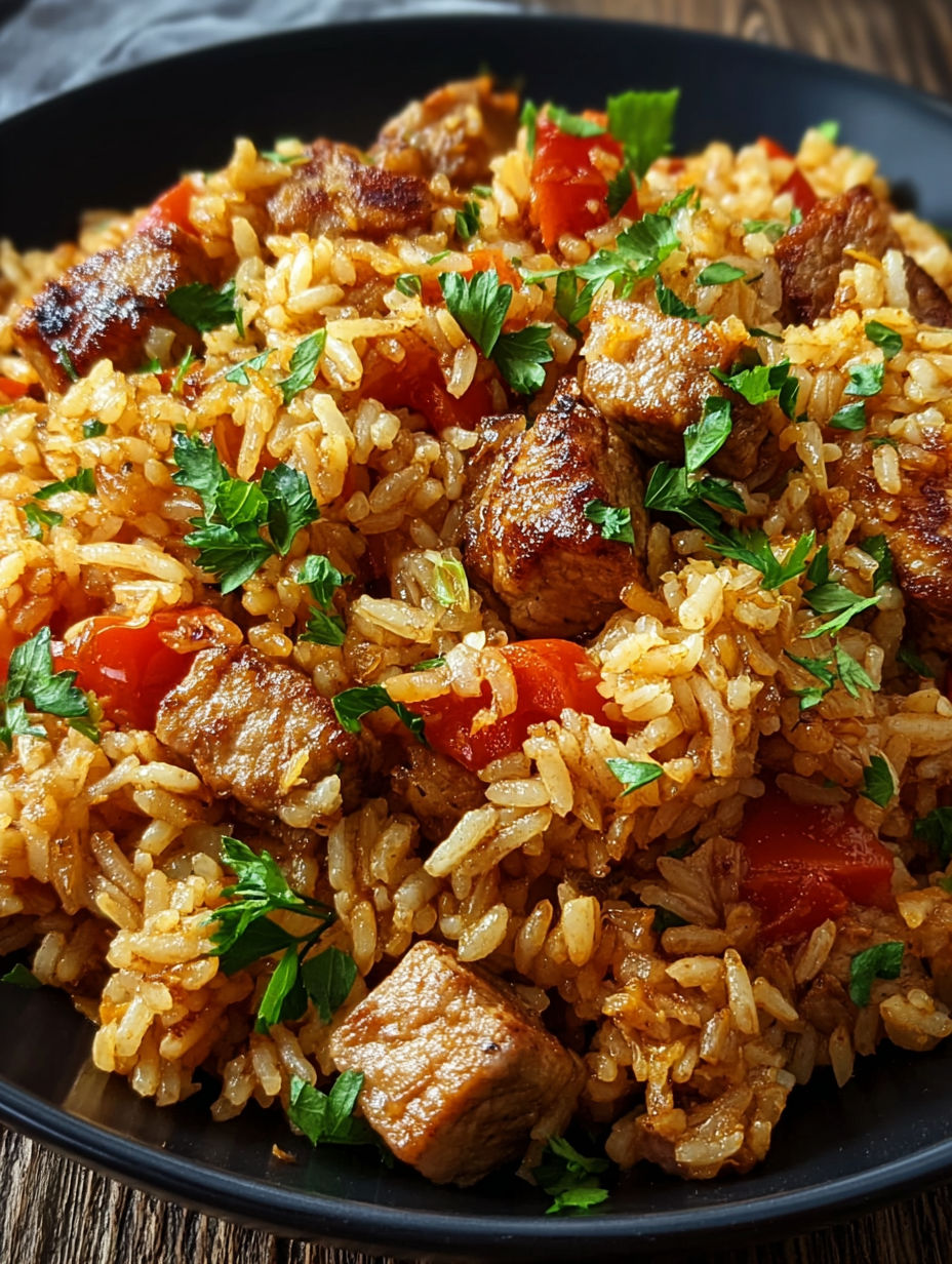 A plate of rice with meat on top.