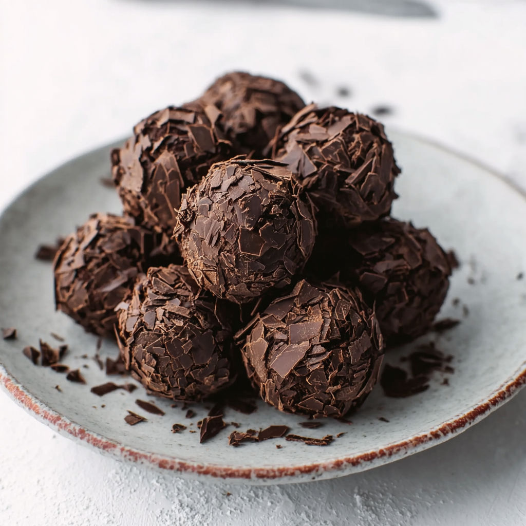 A plate of chocolate truffles.