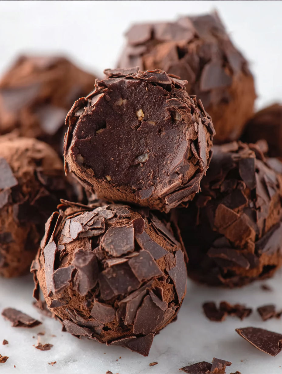 Chocolate balls on a table.