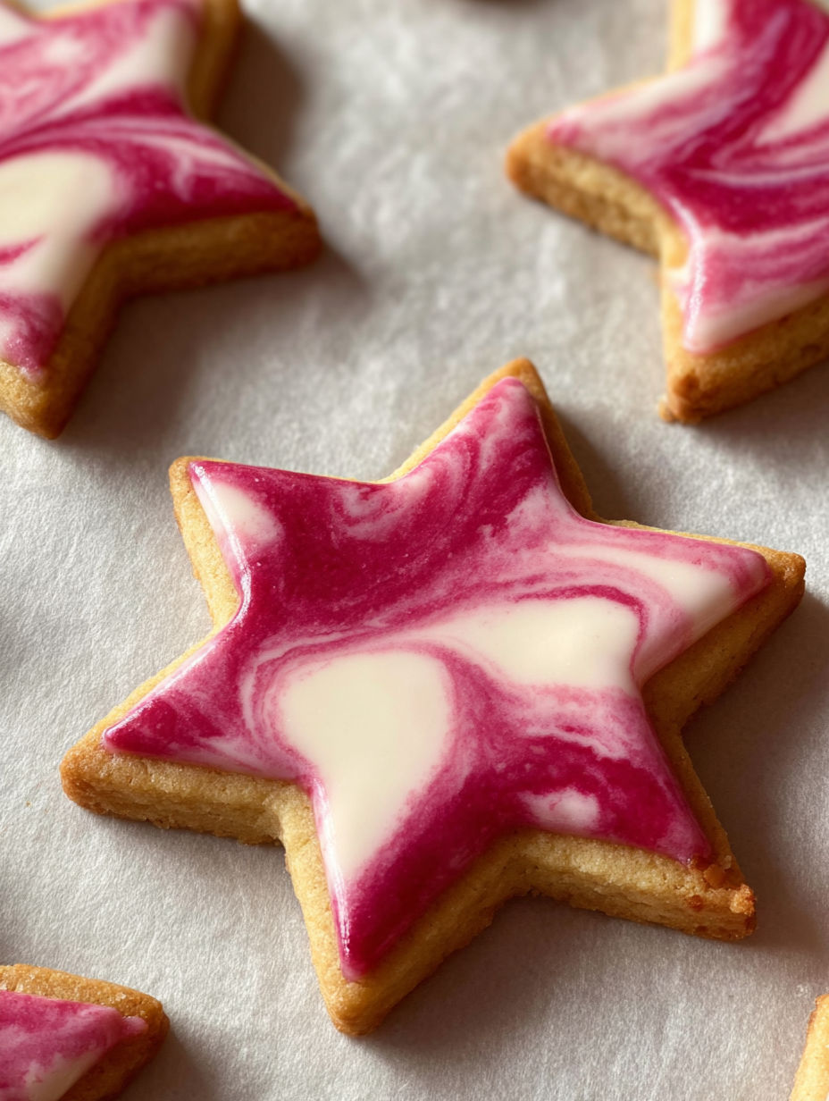 A cookie with a marbled design and white frosting.