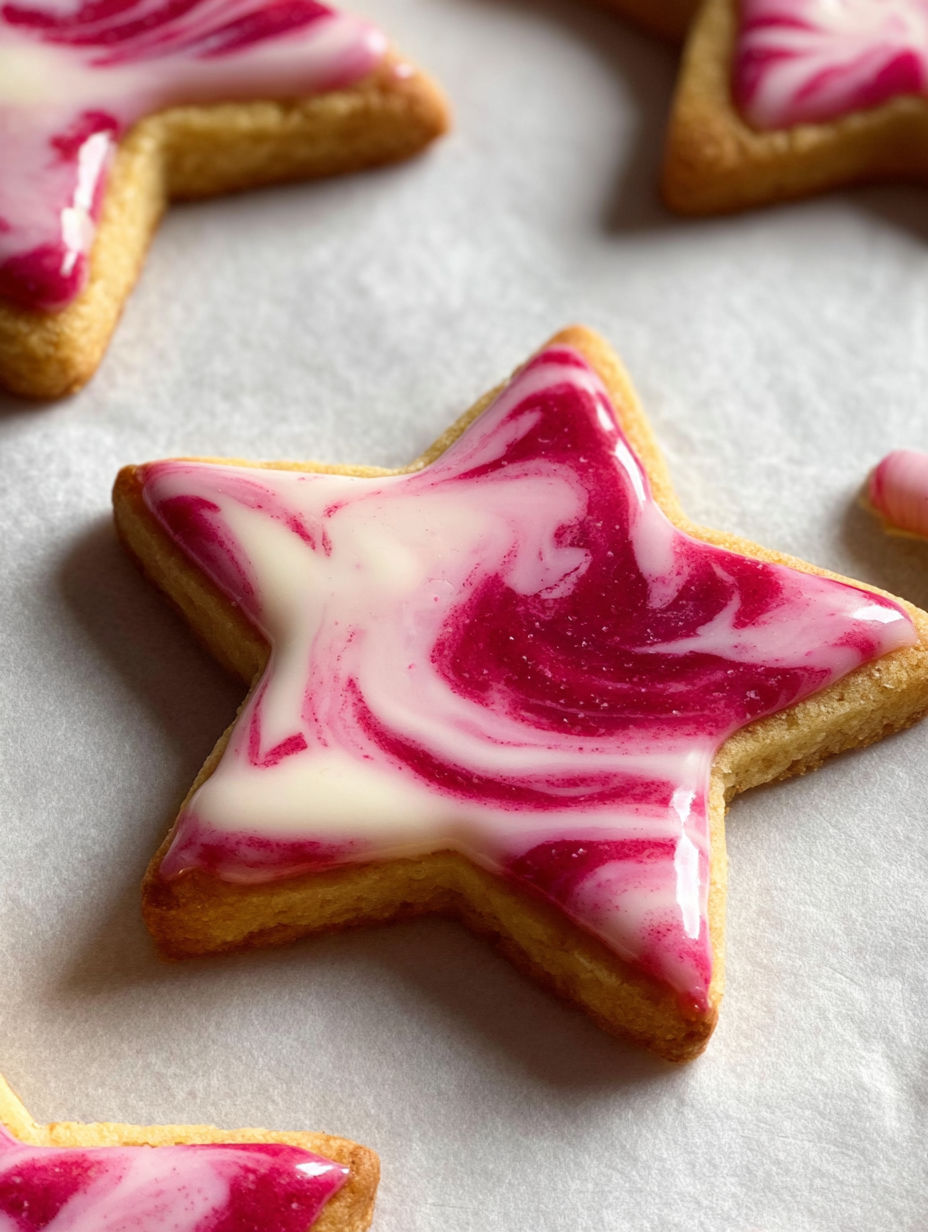 A cookie with a star shape and pink frosting.