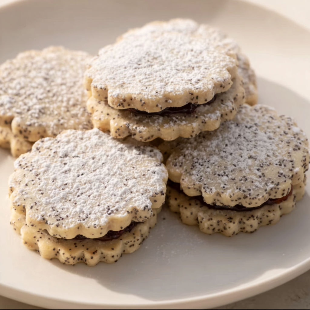 A plate of cookies with white powder on top.
