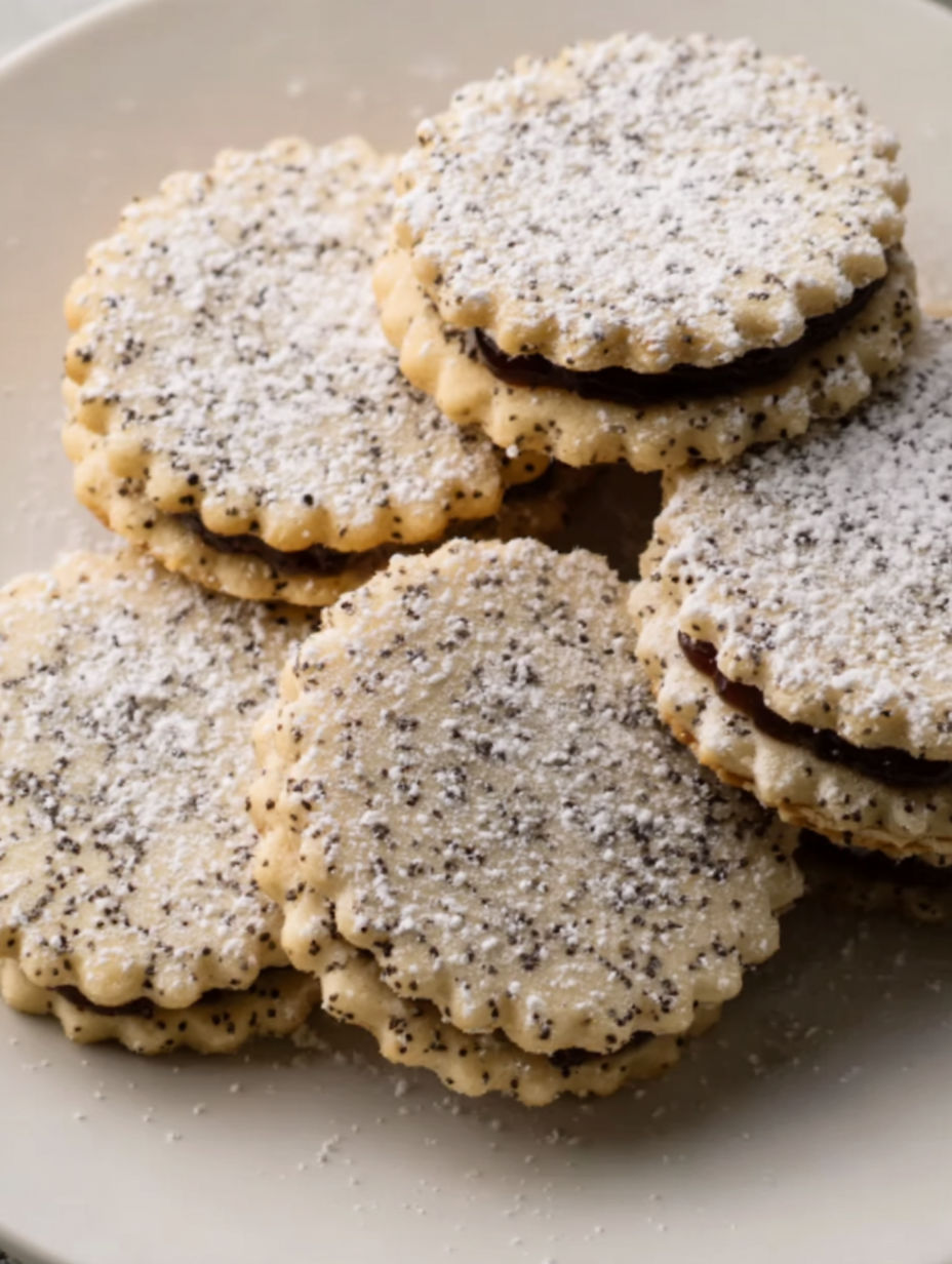 A plate of cookies with white powder on top.