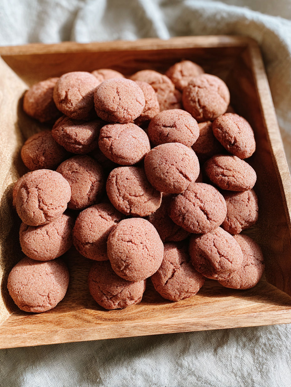 A wooden tray filled with red cookies.
