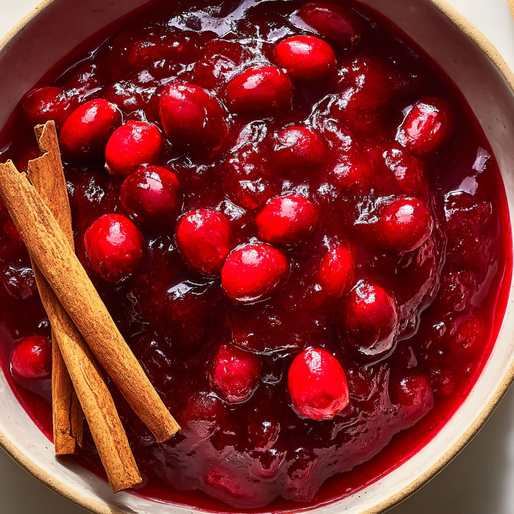 A bowl of cranberry sauce with cinnamon sticks in it.