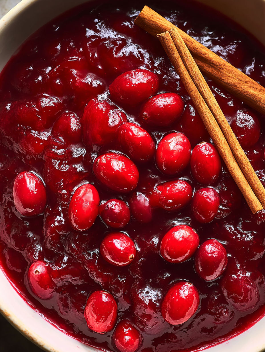 A bowl of cranberry sauce with cinnamon sticks on top.