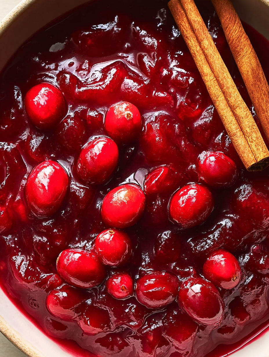 A bowl of cranberry sauce with cinnamon sticks in it.
