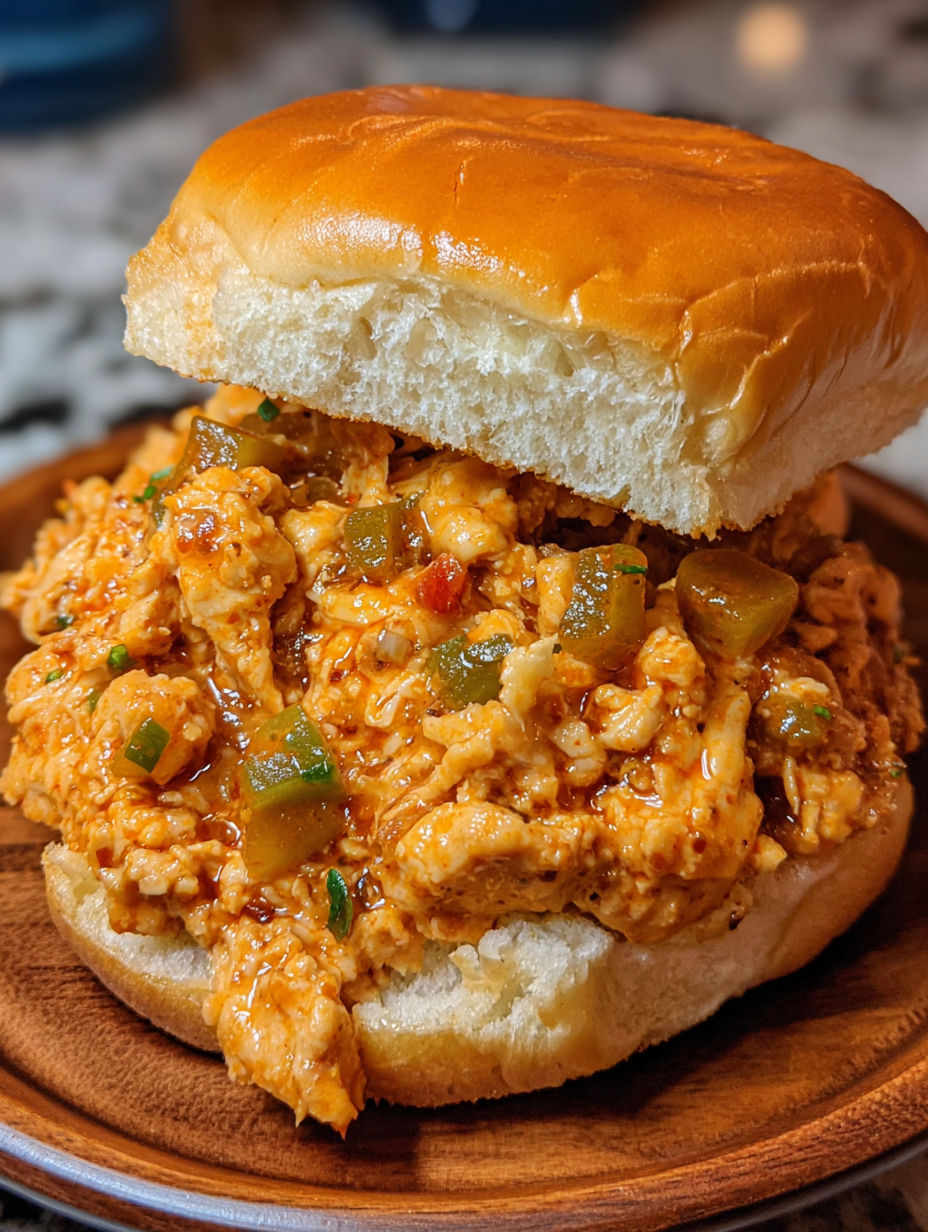 A piece of Cajun Chicken Sloppy Joes on a bun.