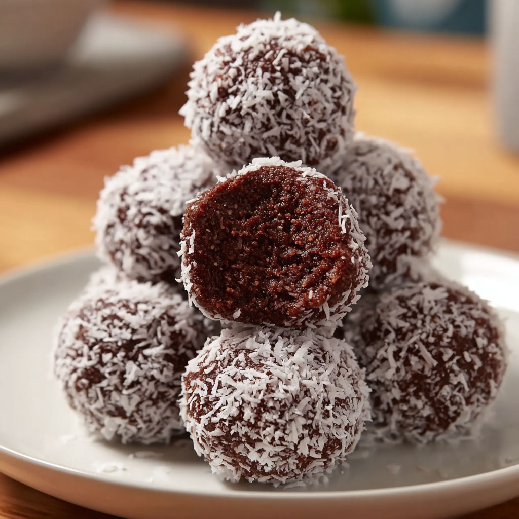 A stack of chocolate coconut snowballs.