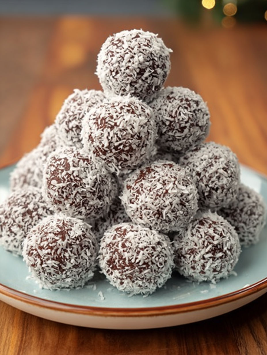 A stack of chocolate coconut snowballs.