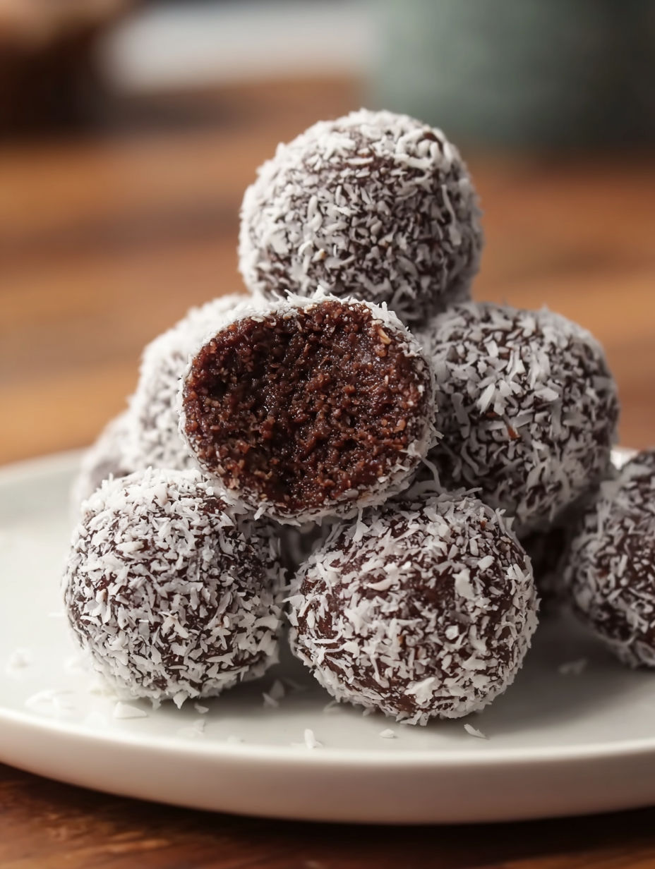 A plate of chocolate coconut snowballs.