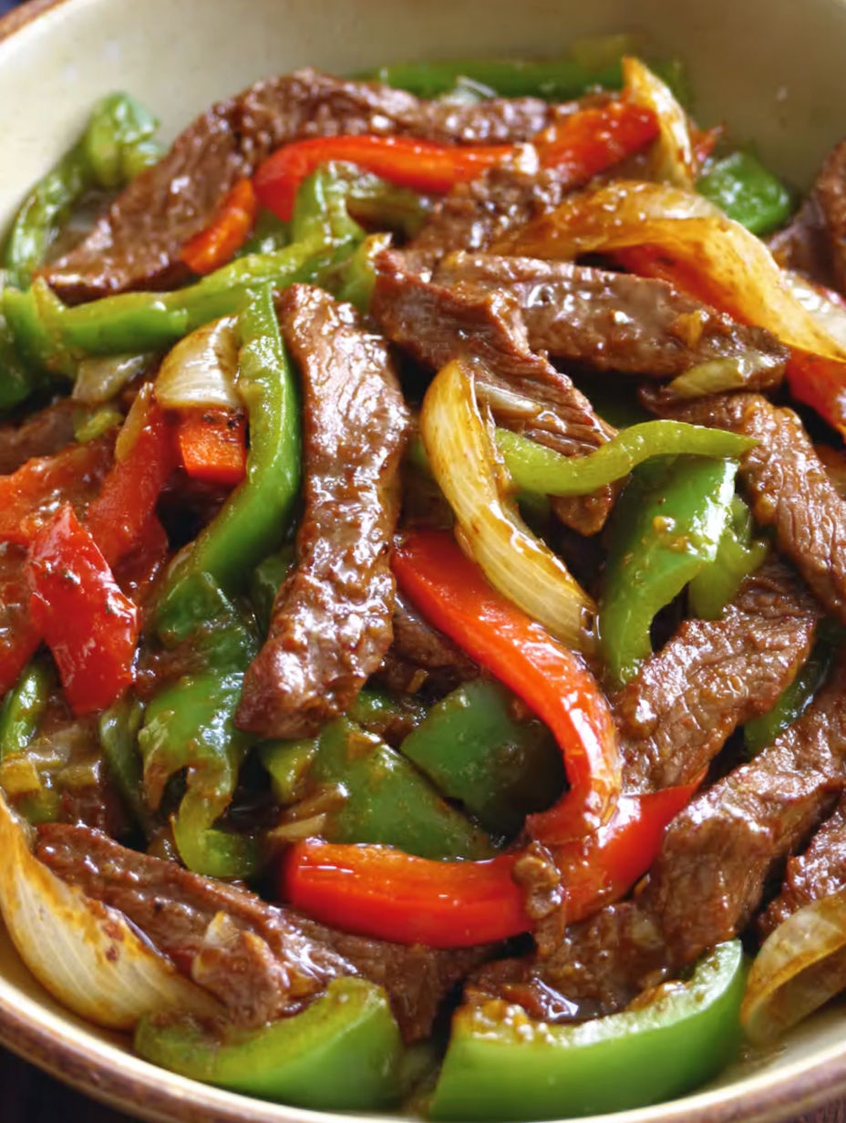 A close up of a plate of food with meat and peppers.
