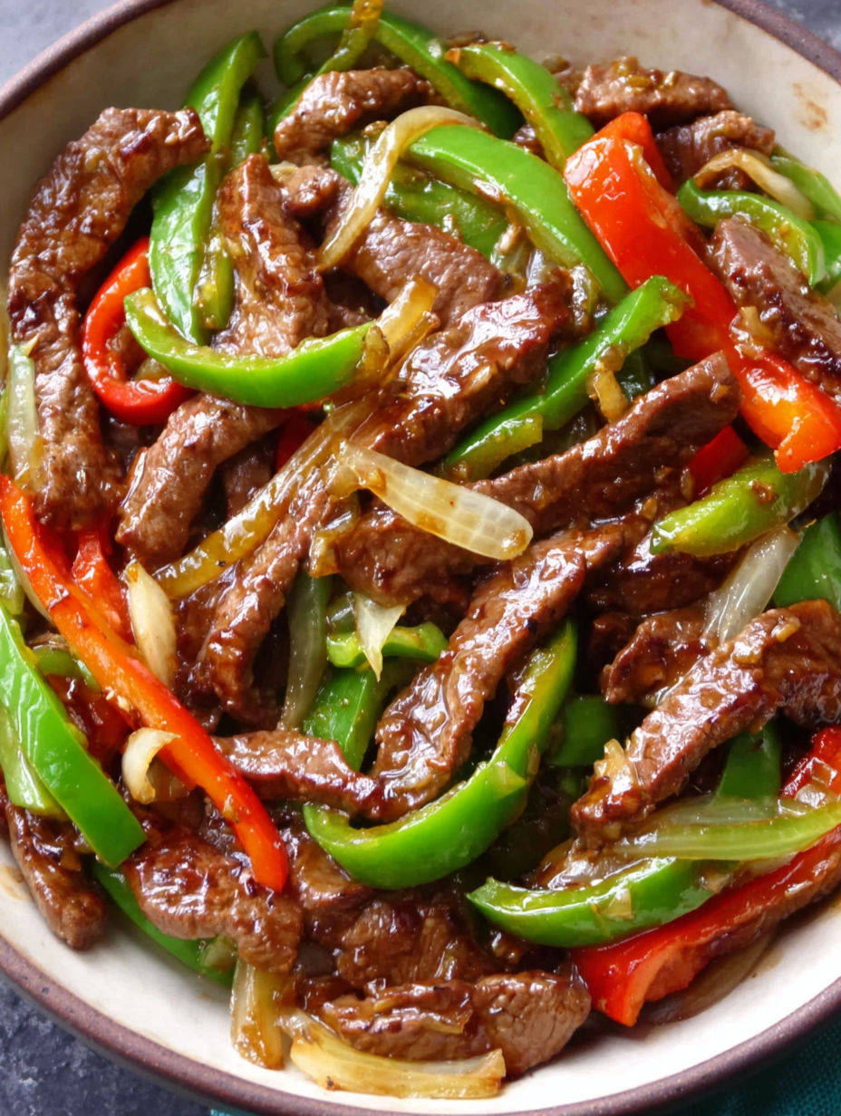A bowl of beef and peppers.
