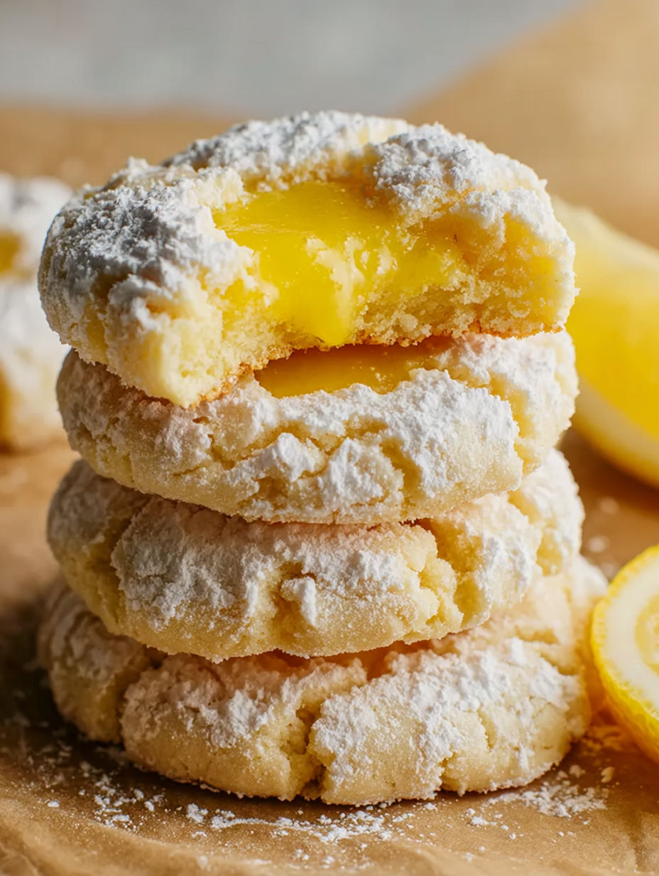 Lemon Bar Cookies stacked on a table.