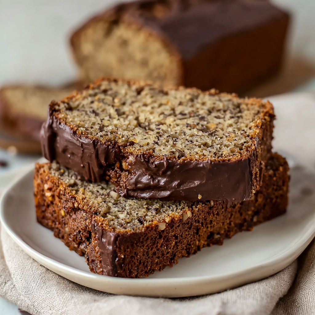 A slice of chocolate and nut bread.