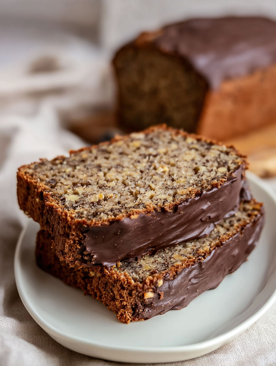 A slice of chocolate bread with nuts on a plate.