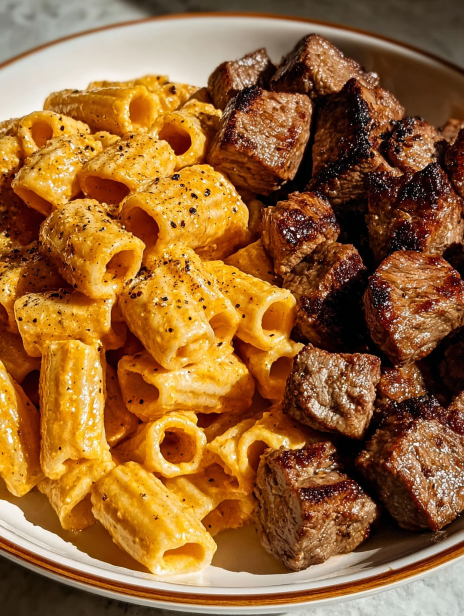 A plate of food with steak tips and rigatoni.
