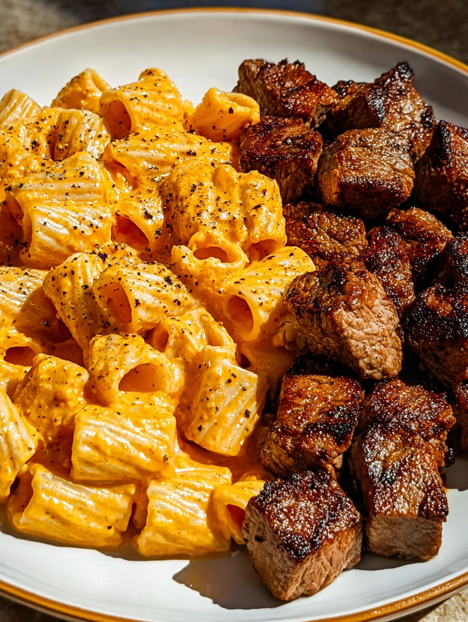 A plate of Cajun steak tips and rigatoni in creamy Parmesan sauce.