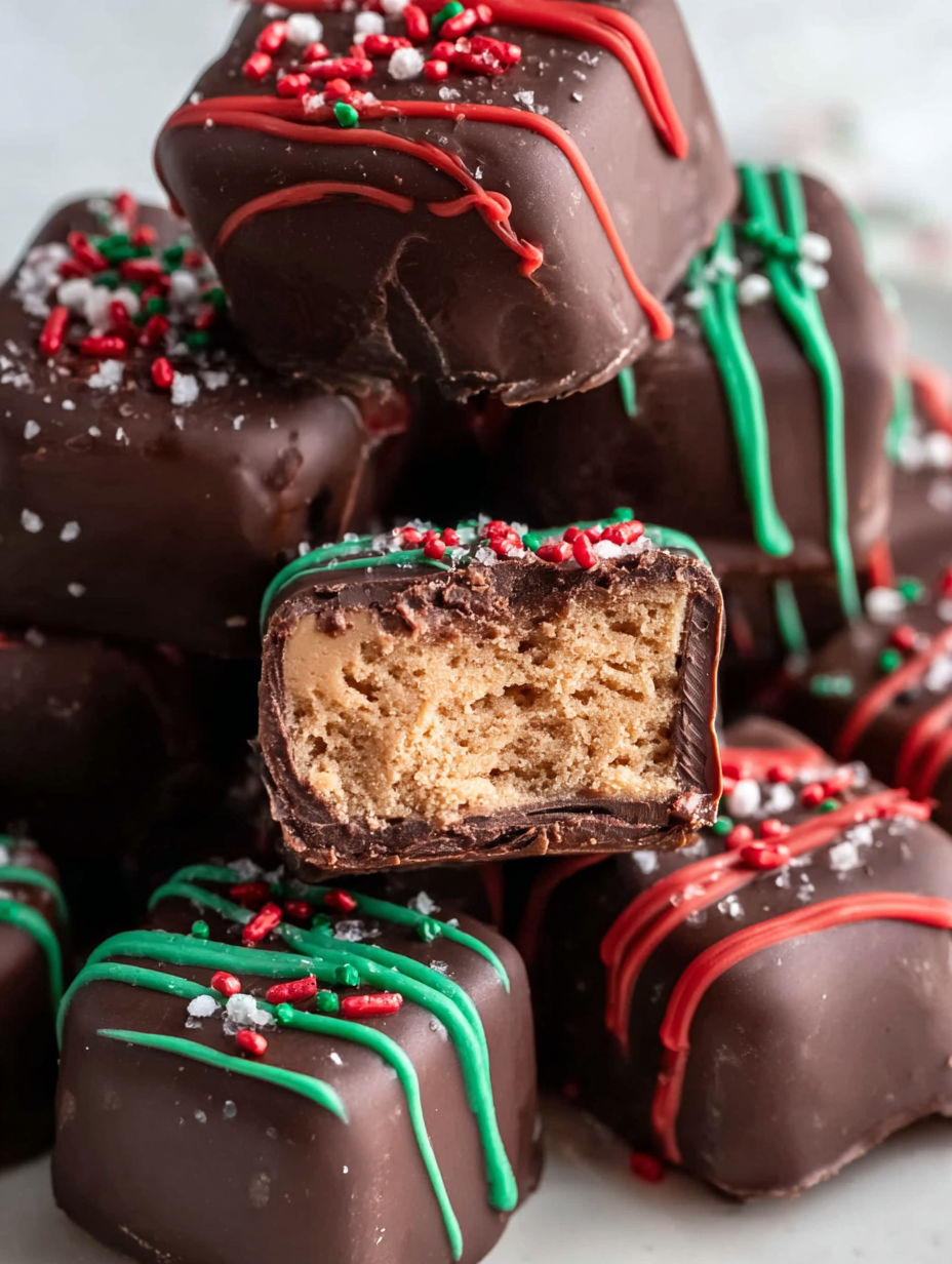 A stack of chocolate candies with white and red sprinkles.