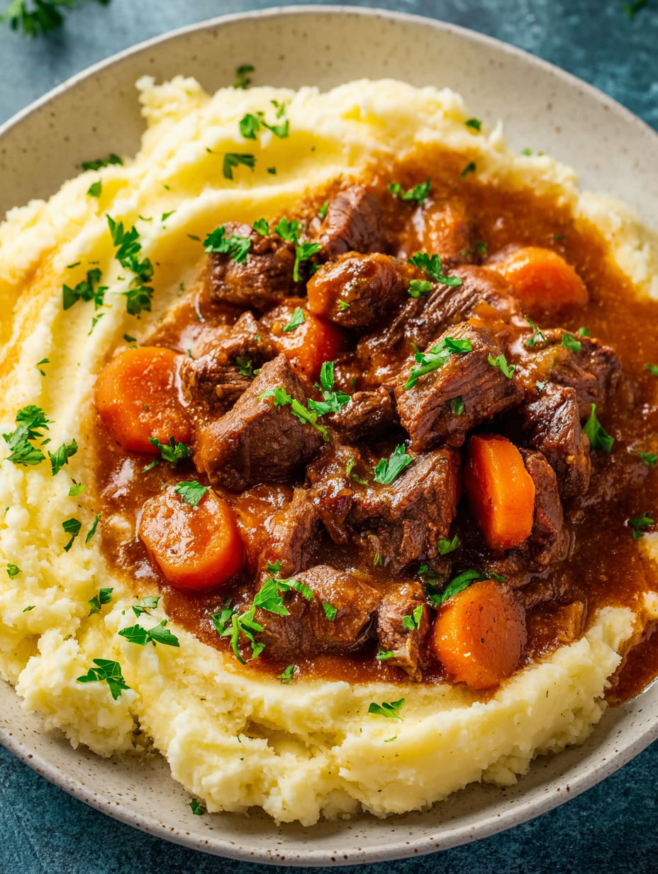 A bowl of meat and potatoes.