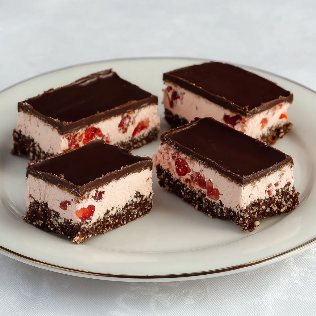 A plate of chocolate and cherry nanaimo bars.