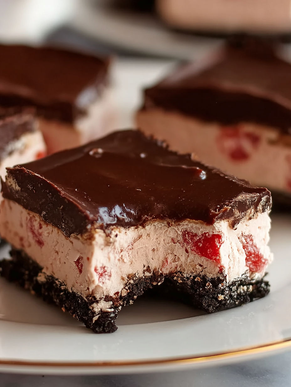 A close up of a chocolate dessert with cherries.