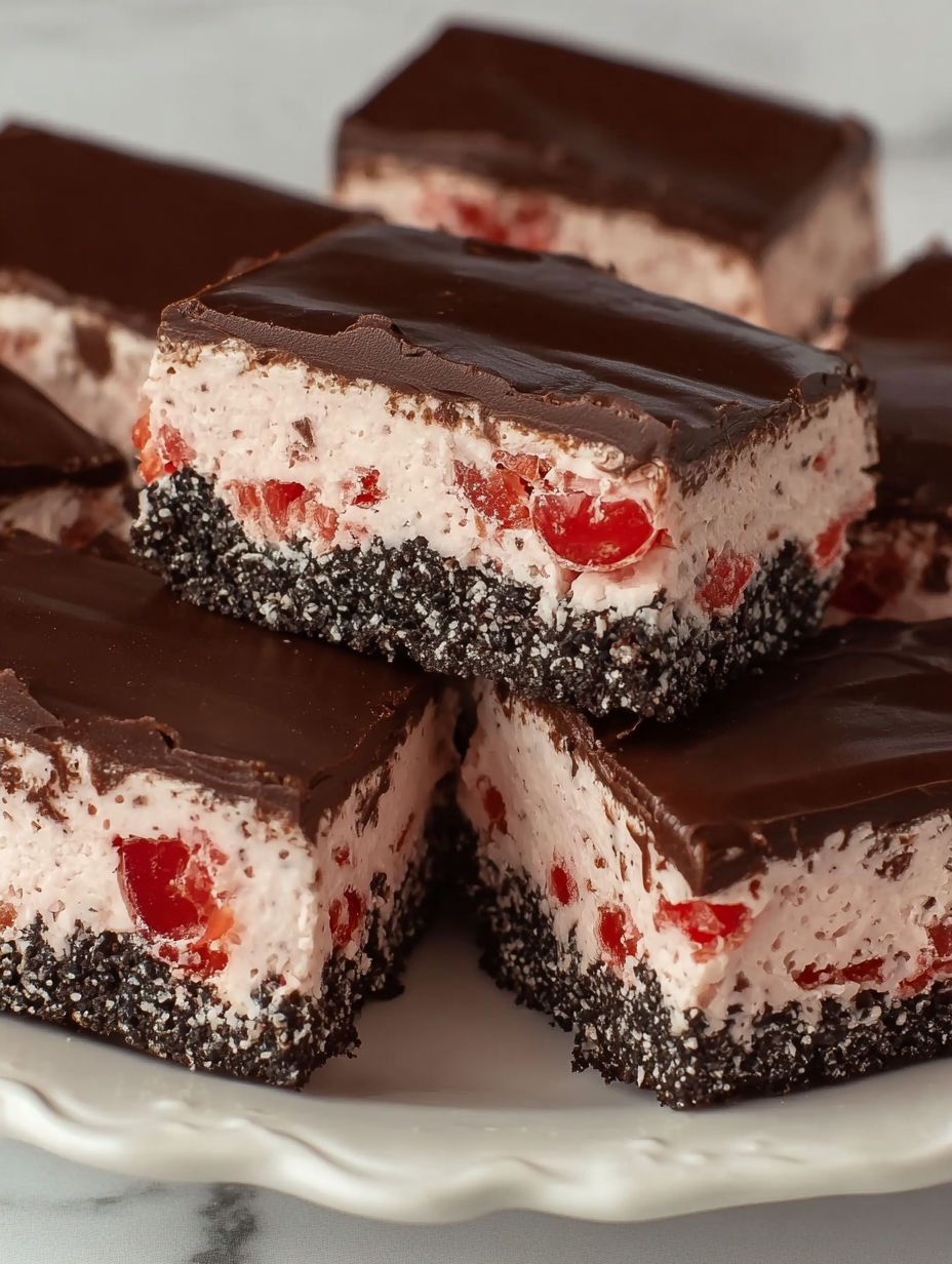 A plate of chocolate and cherry bars.