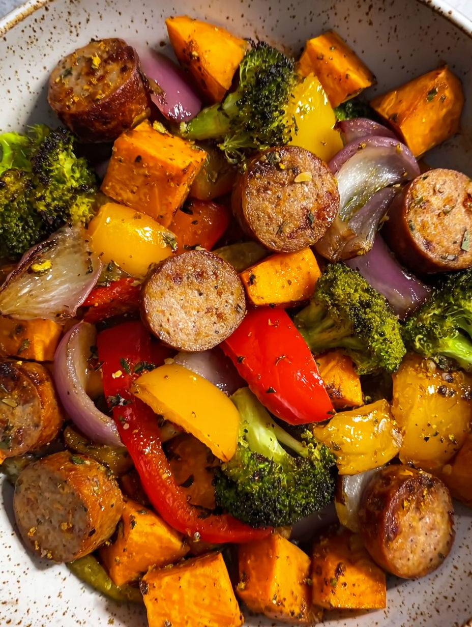A plate of food with sausage, onions, and broccoli.