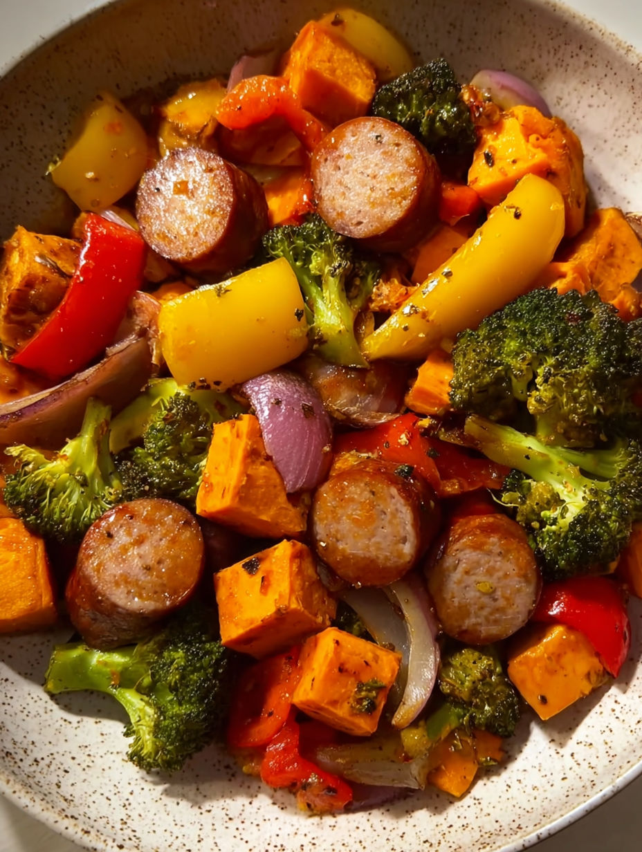 A bowl of food containing sausage, broccoli, and other vegetables.