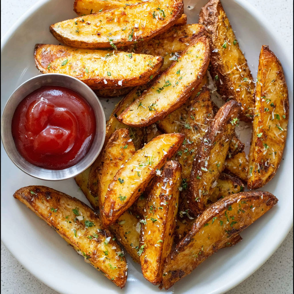 A plate of fries with ketchup.