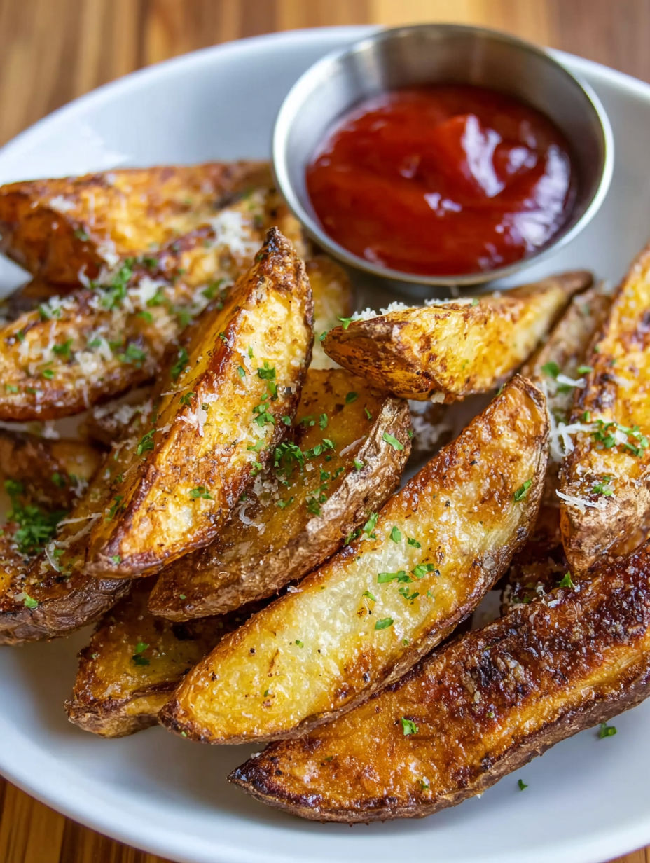 A plate of fried potatoes with ketchup.