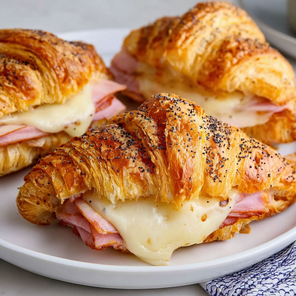 Two croissants with ham and cheese.