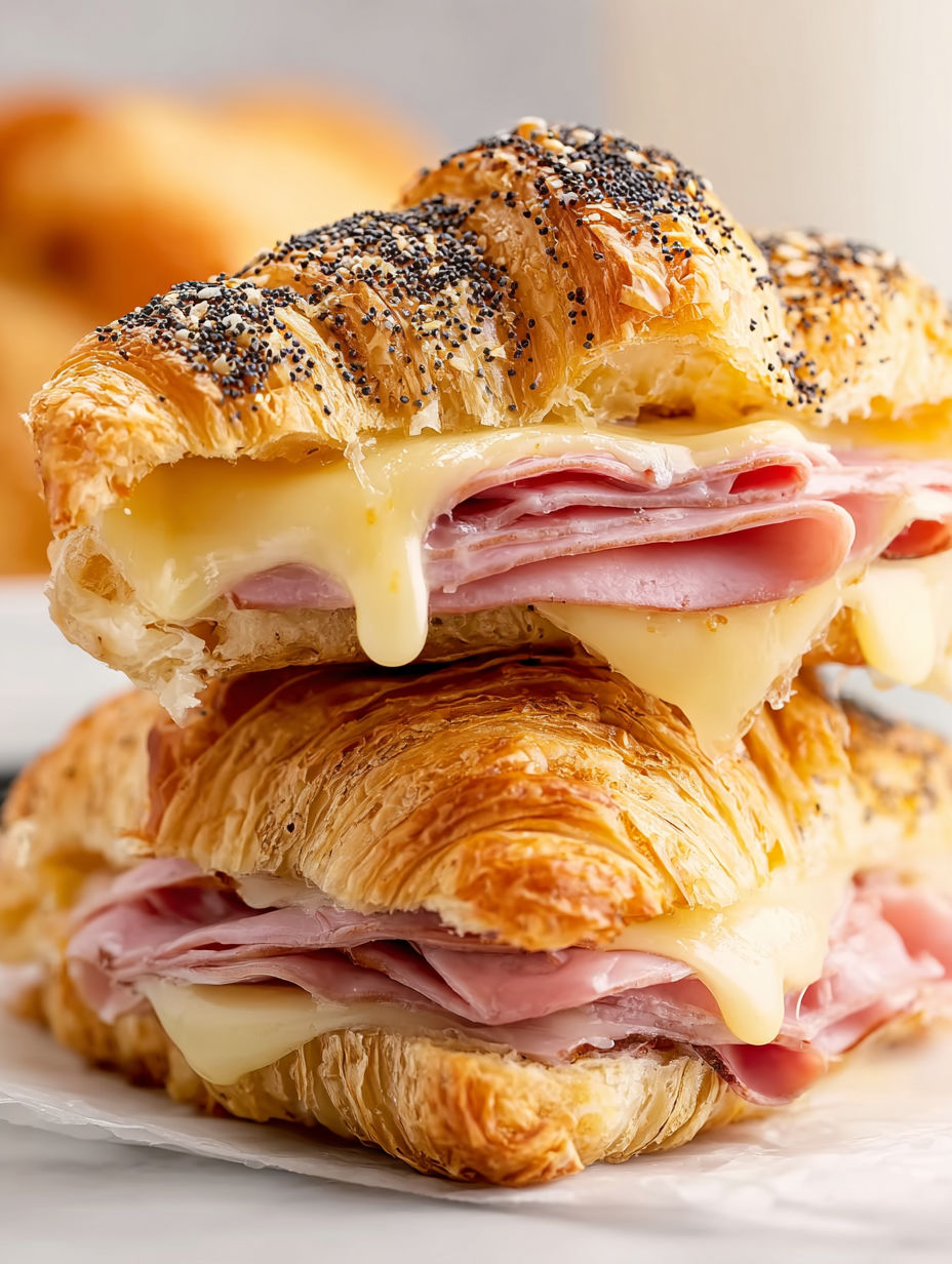 Two croissants with ham and cheese.