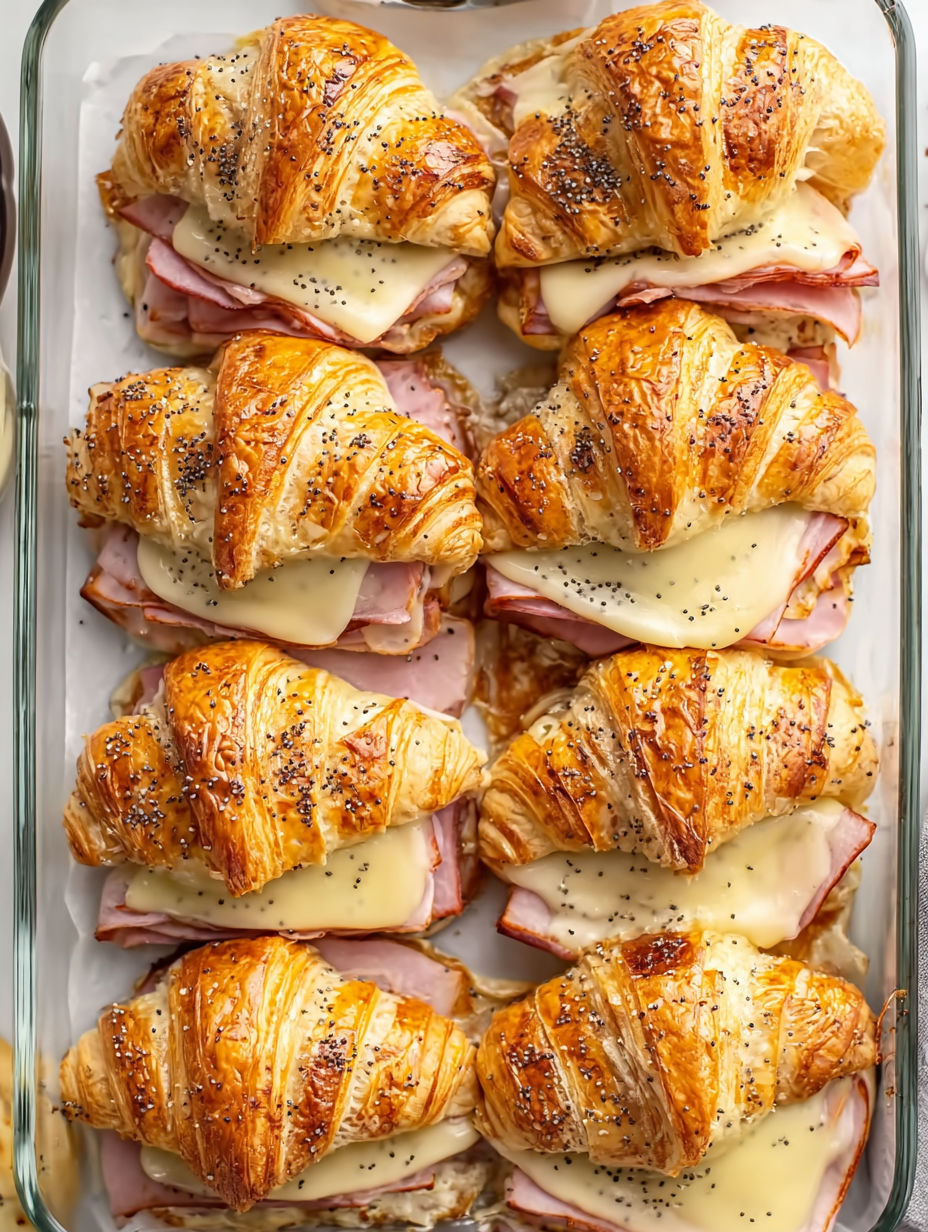A tray of croissants with ham and cheese.