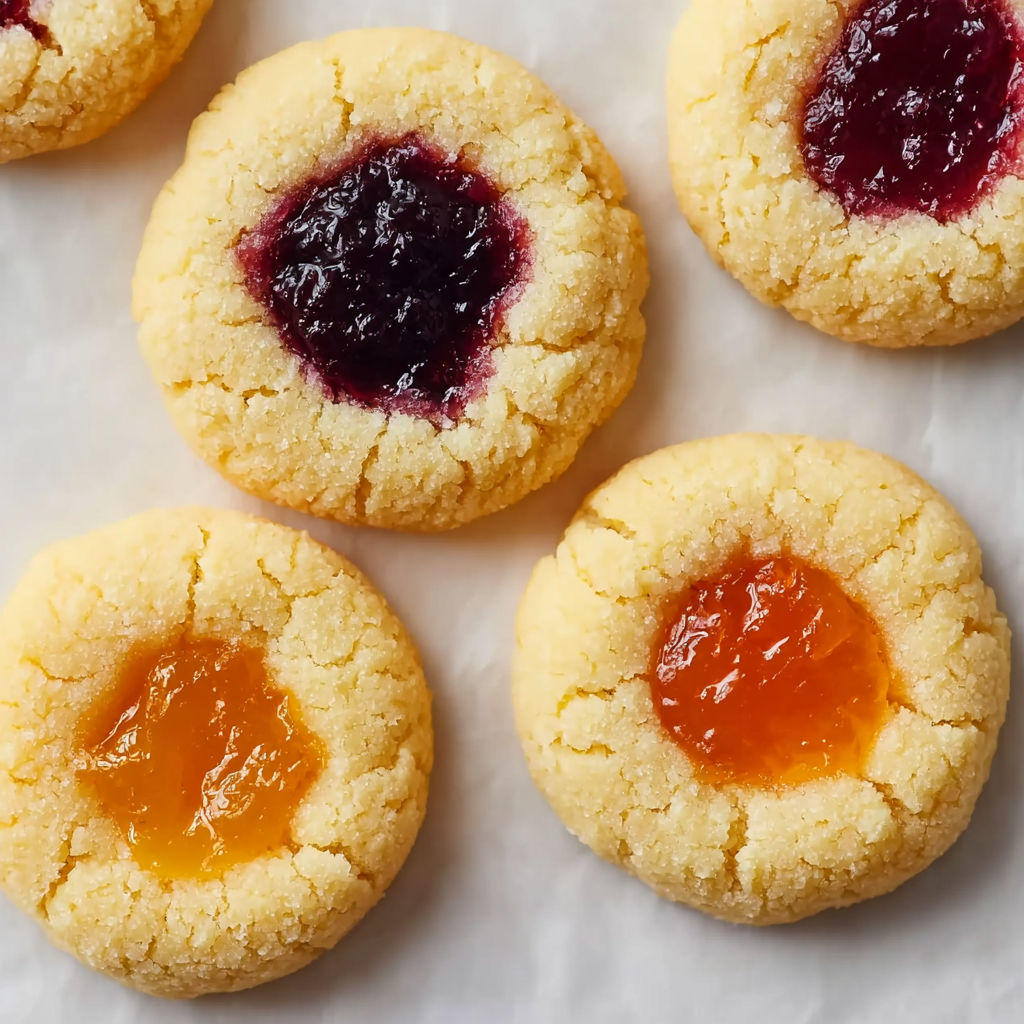 Four thumbprint cookies with jelly in the center.