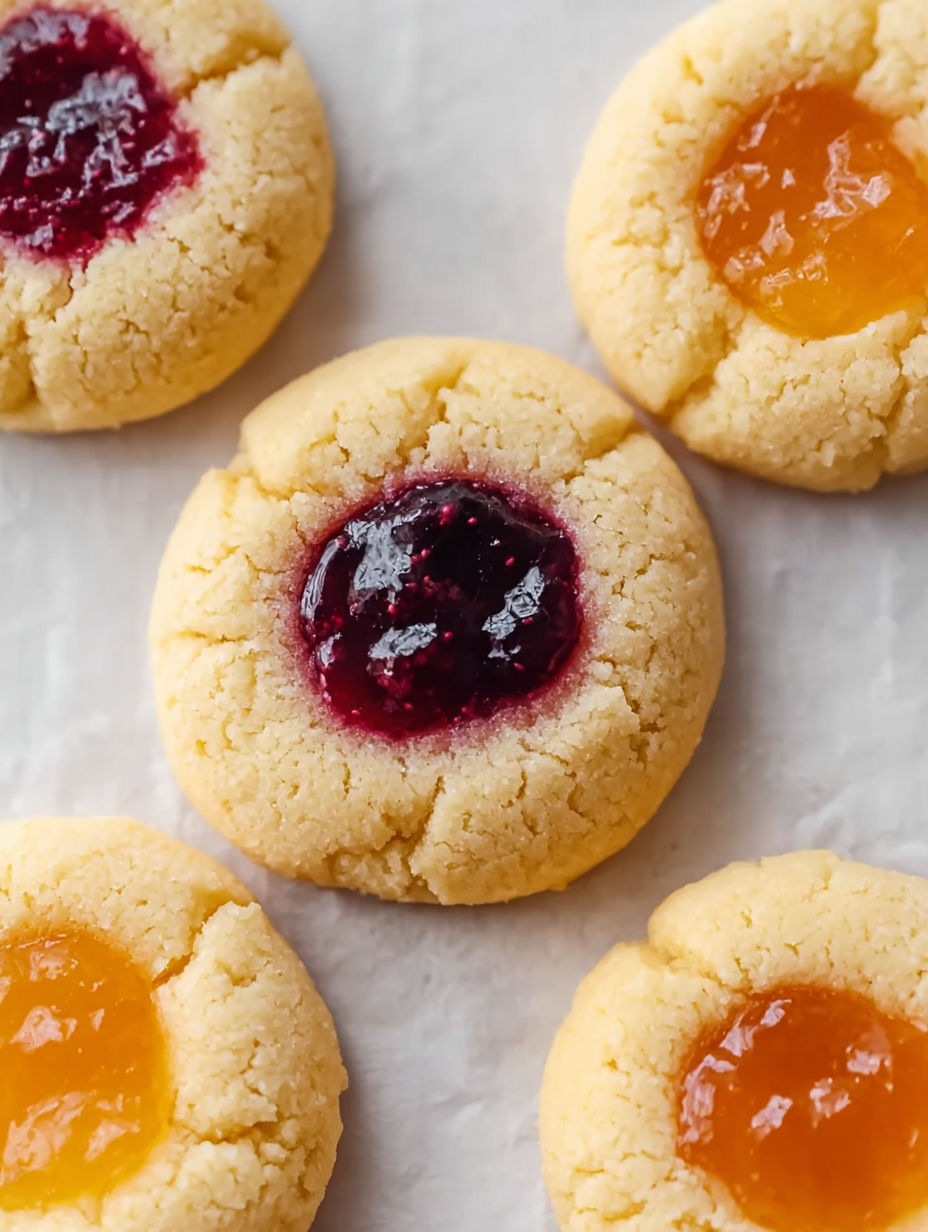 A plate of thumbprint cookies with jelly in the center.