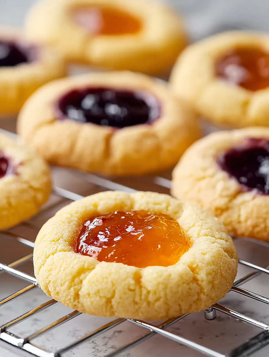 A tray of thumbprint cookies with jam in the center.