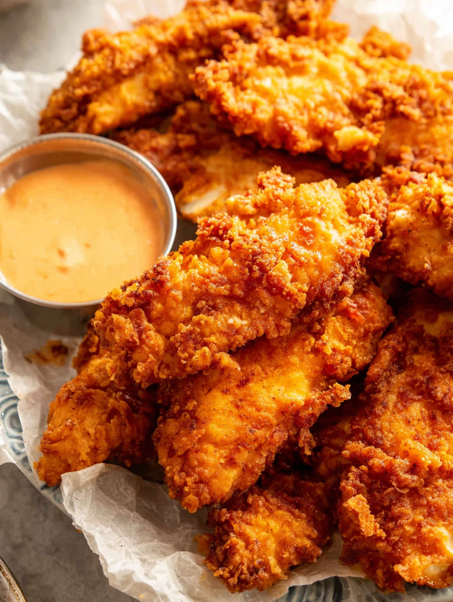 A plate of fried chicken with a dipping sauce.