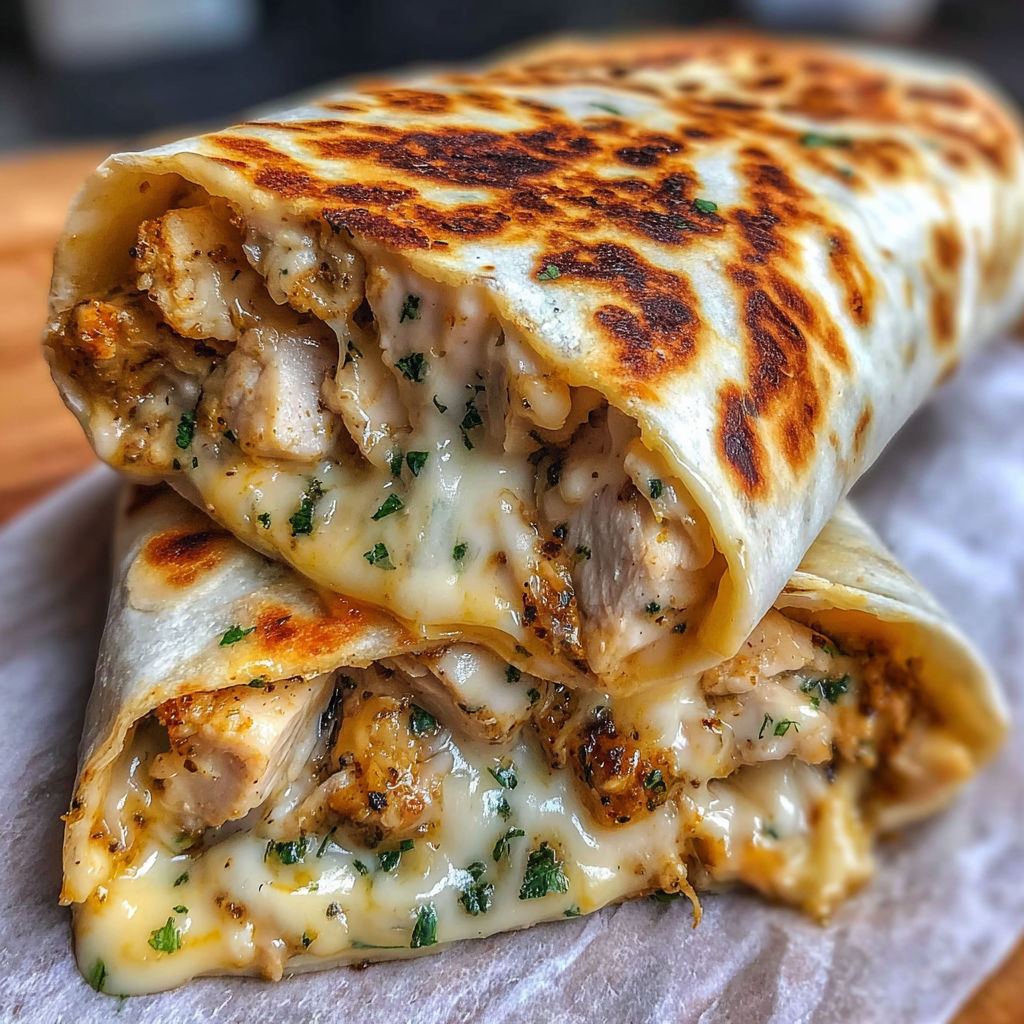 A cheesy alfredo garlic chicken wrap.