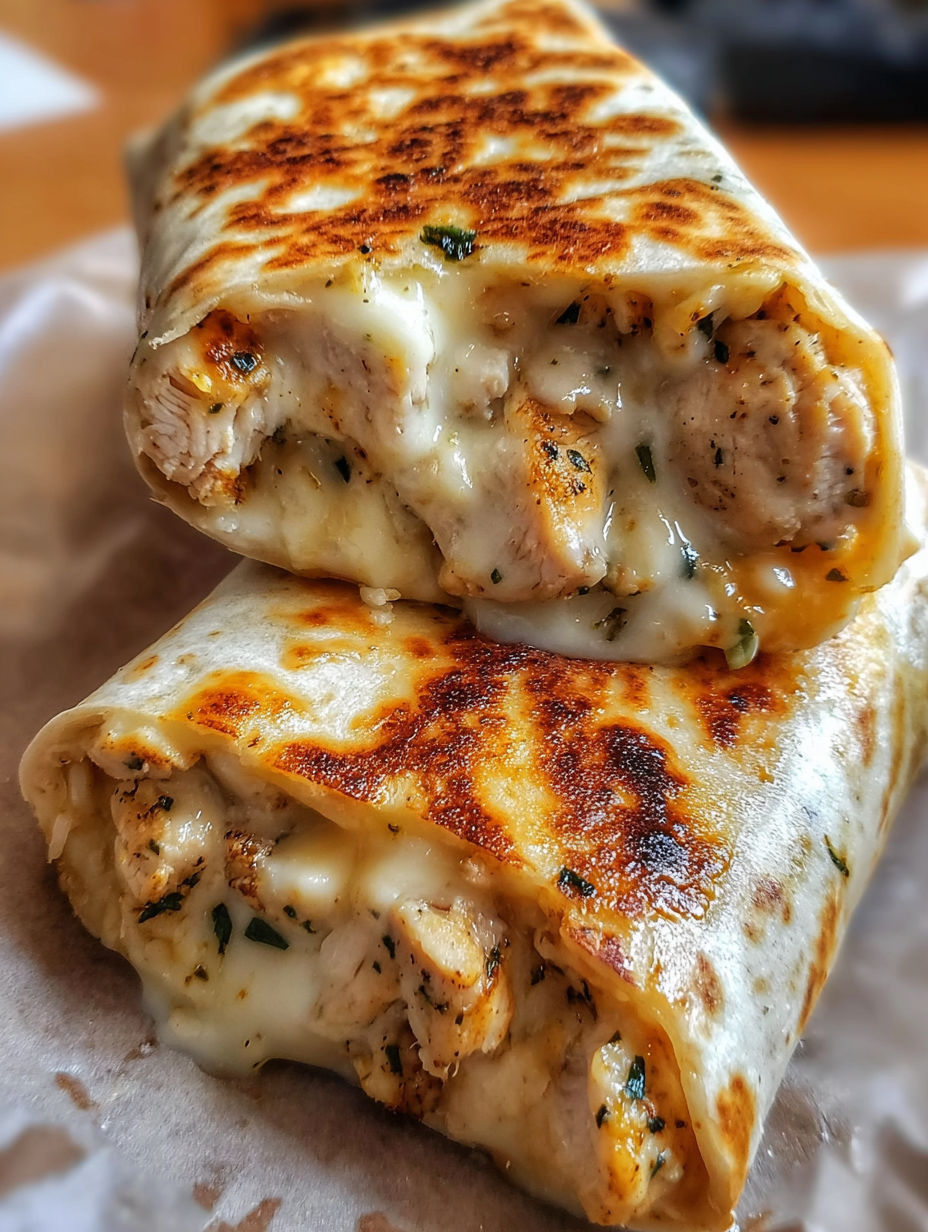 A cheesy alfredo garlic chicken wrap.