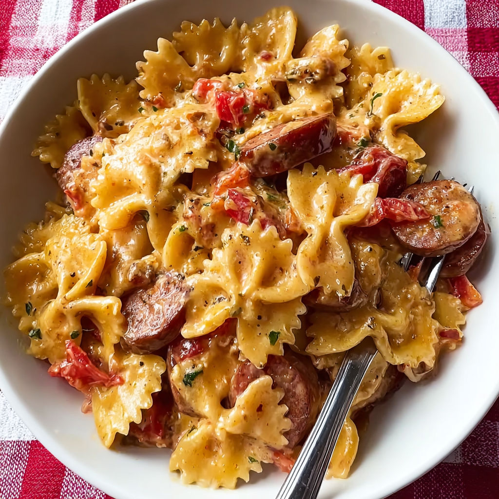 A bowl of pasta with sausage and tomatoes.