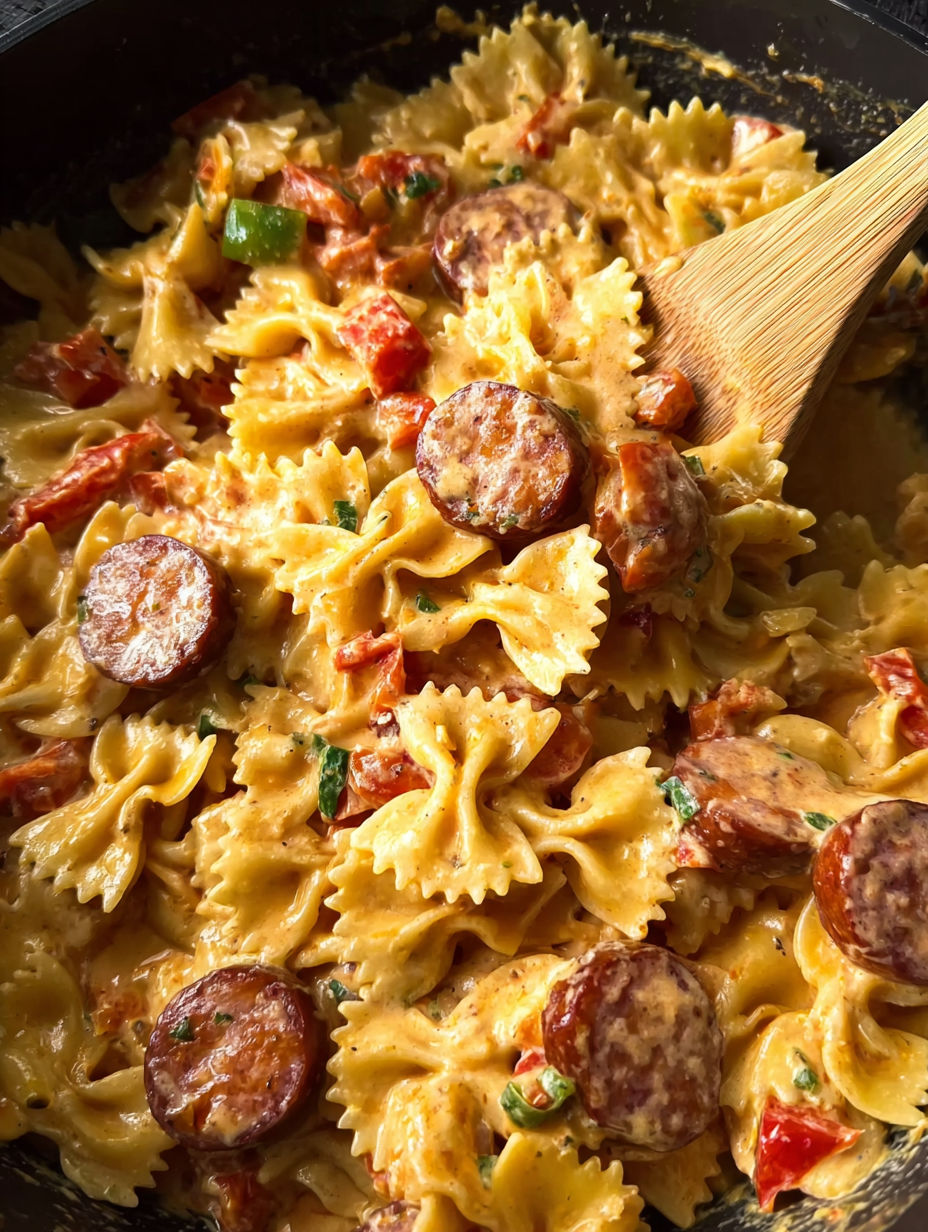 A bowl of pasta with sausage and peppers.