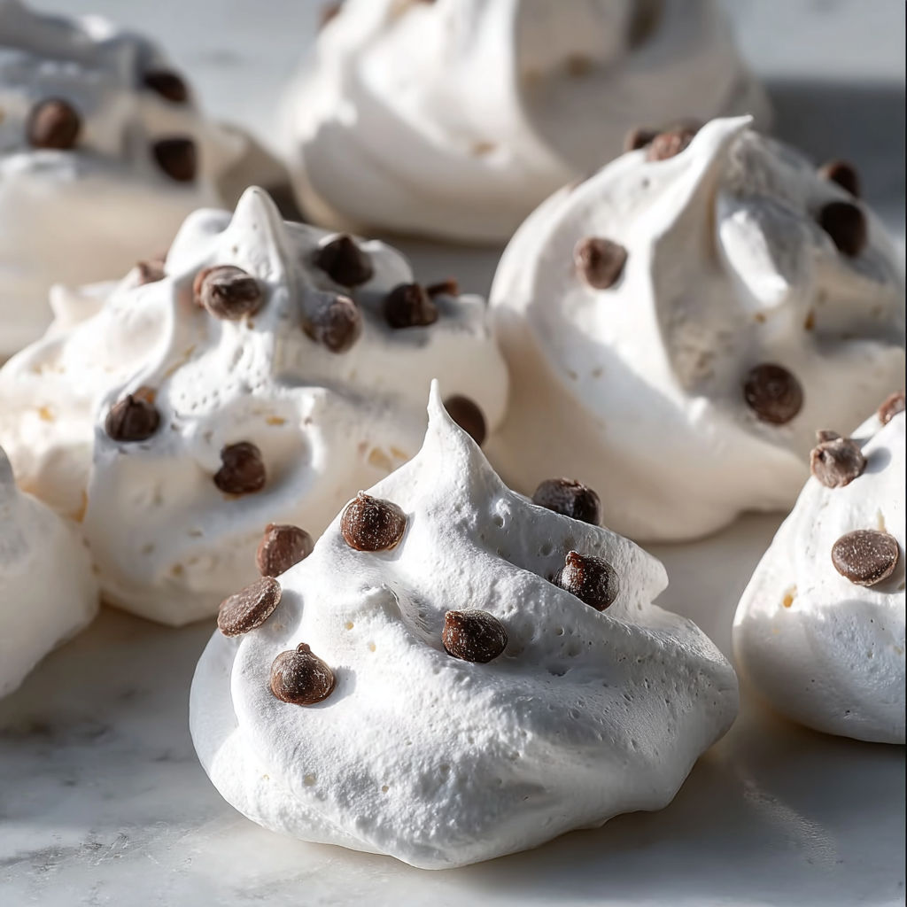 Chocolate chip meringue cookies on a table.